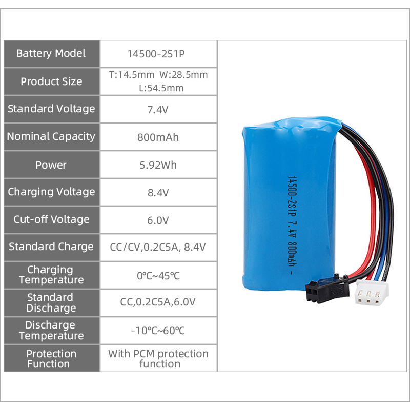 14500 7,4 V 800 mAh 2s1p Lithium-Ionen-Akku
