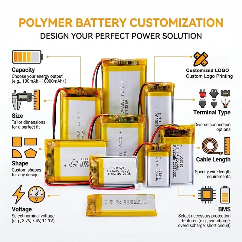 Maßgeschneiderte OEM ODM 500 mAh 1000 mAh 2000 mAh 3000 mAh wiederaufladbare Li-Ionen-Li-Ionen-Lithium-Polymer-Lipo-Batterie mit 3,7 V und 1500 mAh