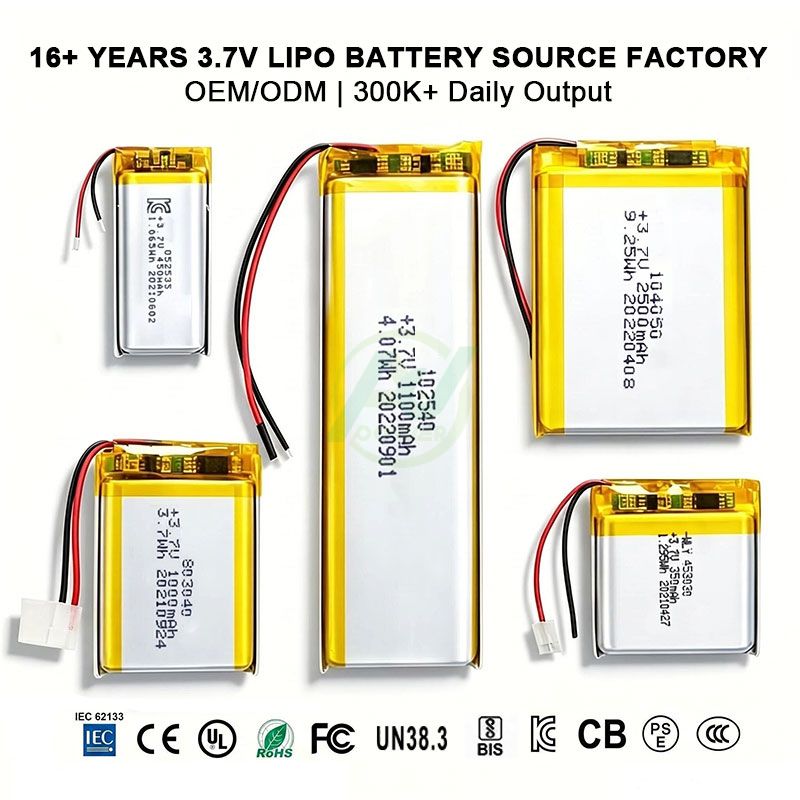 Maßgeschneiderte OEM ODM 500 mAh 1000 mAh 2000 mAh 3000 mAh wiederaufladbare Li-Ionen-Li-Ionen-Lithium-Polymer-Lipo-Batterie mit 3,7 V und 1500 mAh